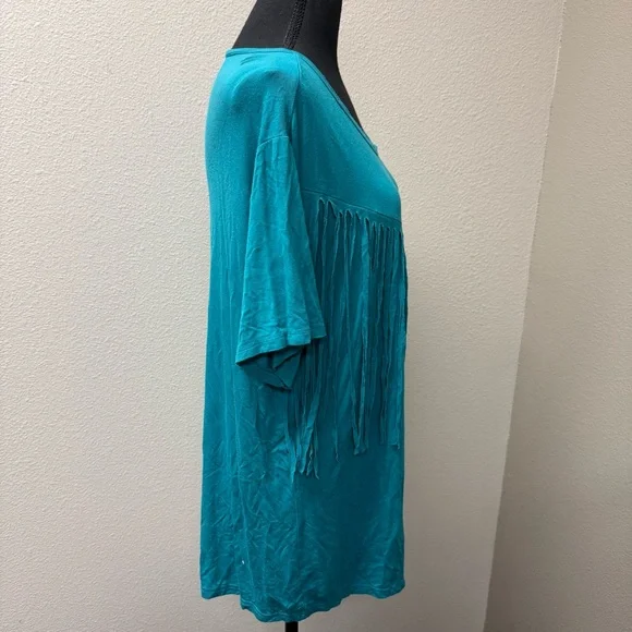 Crazy Train Teal Fringe Western Boho Top Festival Southwest Tee Size L - Picture 6 of 8